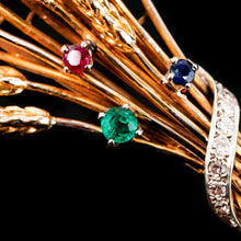 Load image into Gallery viewer, Antique/Vintage 9ct Gold Harvest Wheat Brooch with Emeralds, Sapphires, Diamonds & Ruby - c.1940