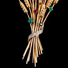 Load image into Gallery viewer, Antique/Vintage 9ct Gold Harvest Wheat Brooch with Emeralds, Sapphires, Diamonds & Ruby - c.1940