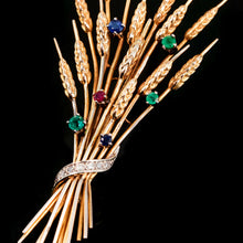 Load image into Gallery viewer, Antique/Vintage 9ct Gold Harvest Wheat Brooch with Emeralds, Sapphires, Diamonds & Ruby - c.1940