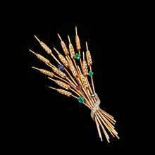 Load image into Gallery viewer, Antique/Vintage 9ct Gold Harvest Wheat Brooch with Emeralds, Sapphires, Diamonds & Ruby - c.1940