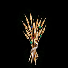 Load image into Gallery viewer, Antique/Vintage 9ct Gold Harvest Wheat Brooch with Emeralds, Sapphires, Diamonds & Ruby - c.1940
