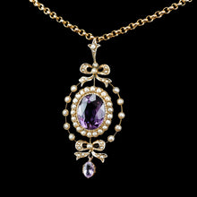 Load image into Gallery viewer, Antique Edwardian Amethyst & Seed Pearl 9K Gold Necklace Pendant - c.1905