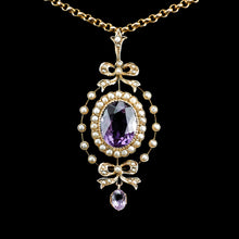 Load image into Gallery viewer, Antique Edwardian Amethyst & Seed Pearl 9K Gold Necklace Pendant - c.1905