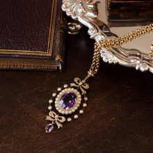 Load image into Gallery viewer, Antique Edwardian Amethyst & Seed Pearl 9K Gold Necklace Pendant - c.1905