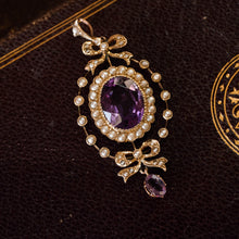 Load image into Gallery viewer, Antique Edwardian Amethyst & Seed Pearl 9K Gold Necklace Pendant - c.1905