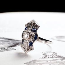 Load image into Gallery viewer, Antique Art Deco 18K White Gold Diamond & Sapphire Ring