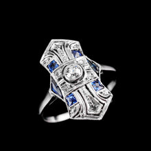 Load image into Gallery viewer, Antique Art Deco 18K White Gold Diamond & Sapphire Ring