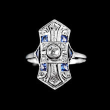 Load image into Gallery viewer, Antique Art Deco 18K White Gold Diamond & Sapphire Ring