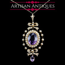 Load image into Gallery viewer, Antique Edwardian Amethyst & Seed Pearl 9K Gold Necklace Pendant - c.1905