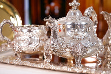 Load image into Gallery viewer, Antique Victorian Solid Silver 3 Piece Tea Set/Service with Fabulous 'Louis' Style Chasing and Figural Masks - Barnard 1857