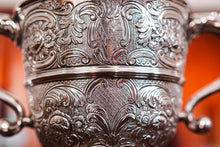 Load image into Gallery viewer, Antique Georgian Irish Solid Silver Large (1kg+) Two Handled Cup/Wine Cooler with Beautiful Floral Chasing - Dublin 1726