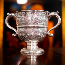 Load image into Gallery viewer, Antique Georgian Irish Solid Silver Large (1kg+) Two Handled Cup/Wine Cooler with Beautiful Floral Chasing - Dublin 1726