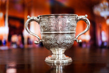 Load image into Gallery viewer, Antique Georgian Irish Solid Silver Large (1kg+) Two Handled Cup/Wine Cooler with Beautiful Floral Chasing - Dublin 1726