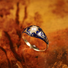 Load image into Gallery viewer, A Fabulous Antique Victorian 18K Gold Enamel & Pearl Ring with Scrolled Decorations - c.1880