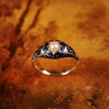 Load image into Gallery viewer, A Fabulous Antique Victorian 18K Gold Enamel & Pearl Ring with Scrolled Decorations - c.1880