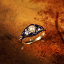 Load image into Gallery viewer, A Fabulous Antique Victorian 18K Gold Enamel & Pearl Ring with Scrolled Decorations - c.1880