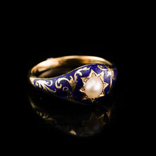 Load image into Gallery viewer, A Fabulous Antique Victorian 18K Gold Enamel & Pearl Ring with Scrolled Decorations - c.1880