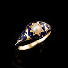 Load image into Gallery viewer, A Fabulous Antique Victorian 18K Gold Enamel & Pearl Ring with Scrolled Decorations - c.1880