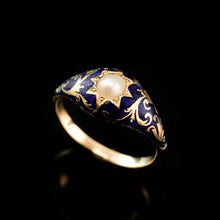 Load image into Gallery viewer, A Fabulous Antique Victorian 18K Gold Enamel & Pearl Ring with Scrolled Decorations - c.1880