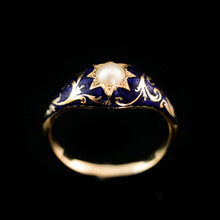 Load image into Gallery viewer, A Fabulous Antique Victorian 18K Gold Enamel & Pearl Ring with Scrolled Decorations - c.1880