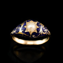 Load image into Gallery viewer, A Fabulous Antique Victorian 18K Gold Enamel & Pearl Ring with Scrolled Decorations - c.1880