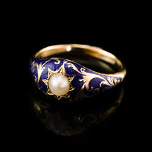 Load image into Gallery viewer, A Fabulous Antique Victorian 18K Gold Enamel & Pearl Ring with Scrolled Decorations - c.1880