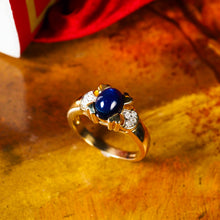 Load image into Gallery viewer, A Stylish Vintage 9K Gold Sapphire Cabochon and Diamond Ring
