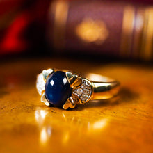 Load image into Gallery viewer, A Stylish Vintage 9K Gold Sapphire Cabochon and Diamond Ring