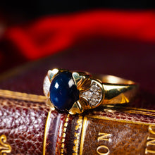 Load image into Gallery viewer, A Stylish Vintage 9K Gold Sapphire Cabochon and Diamond Ring
