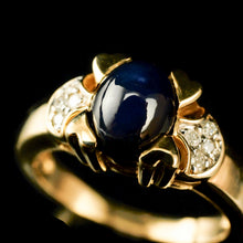 Load image into Gallery viewer, A Stylish Vintage 9K Gold Sapphire Cabochon and Diamond Ring