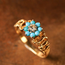 Load image into Gallery viewer, Vintage 18K Gold Turquoise & Diamond Cluster Ring