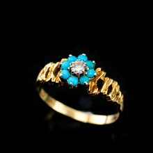 Load image into Gallery viewer, Vintage 18K Gold Turquoise & Diamond Cluster Ring