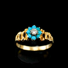 Load image into Gallery viewer, Vintage 18K Gold Turquoise & Diamond Cluster Ring