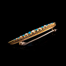 Load image into Gallery viewer, Antique Victorian 15K Gold Turquoise, Pearl & Diamond Crescent Brooch - c.1900