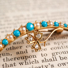 Load image into Gallery viewer, Antique Victorian 15K Gold Turquoise, Pearl & Diamond Crescent Brooch - c.1900