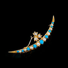 Load image into Gallery viewer, Antique Victorian 15K Gold Turquoise, Pearl & Diamond Crescent Brooch - c.1900