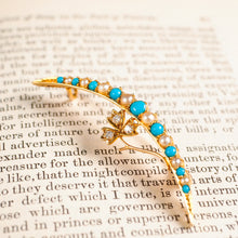 Load image into Gallery viewer, Antique Victorian 15K Gold Turquoise, Pearl & Diamond Crescent Brooch - c.1900