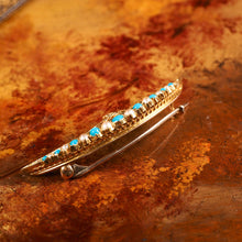 Load image into Gallery viewer, Antique Victorian 15K Gold Turquoise, Pearl & Diamond Crescent Brooch - c.1900