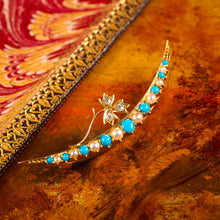 Load image into Gallery viewer, Antique Victorian 15K Gold Turquoise, Pearl & Diamond Crescent Brooch - c.1900