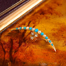 Load image into Gallery viewer, Antique Victorian 15K Gold Turquoise, Pearl & Diamond Crescent Brooch - c.1900