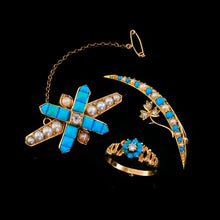 Load image into Gallery viewer, Antique Victorian 15K Gold Turquoise, Pearl & Diamond Crescent Brooch - c.1900