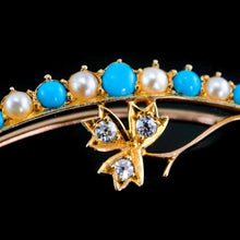 Load image into Gallery viewer, Antique Victorian 15K Gold Turquoise, Pearl & Diamond Crescent Brooch - c.1900
