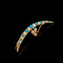 Load image into Gallery viewer, Antique Victorian 15K Gold Turquoise, Pearl & Diamond Crescent Brooch - c.1900