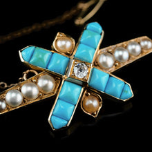 Load image into Gallery viewer, Stunning Antique Victorian 14K Gold Turquoise, Pearl & Diamond Brooch