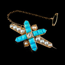 Load image into Gallery viewer, Stunning Antique Victorian 14K Gold Turquoise, Pearl & Diamond Brooch