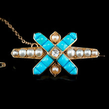 Load image into Gallery viewer, Stunning Antique Victorian 14K Gold Turquoise, Pearl & Diamond Brooch