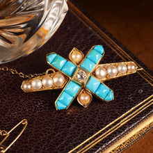 Load image into Gallery viewer, Stunning Antique Victorian 14K Gold Turquoise, Pearl & Diamond Brooch