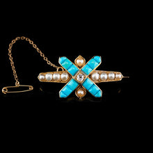 Load image into Gallery viewer, Stunning Antique Victorian 14K Gold Turquoise, Pearl & Diamond Brooch