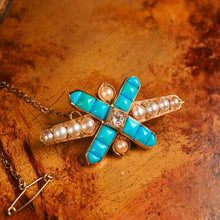 Load image into Gallery viewer, Stunning Antique Victorian 14K Gold Turquoise, Pearl & Diamond Brooch
