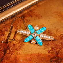 Load image into Gallery viewer, Stunning Antique Victorian 14K Gold Turquoise, Pearl & Diamond Brooch